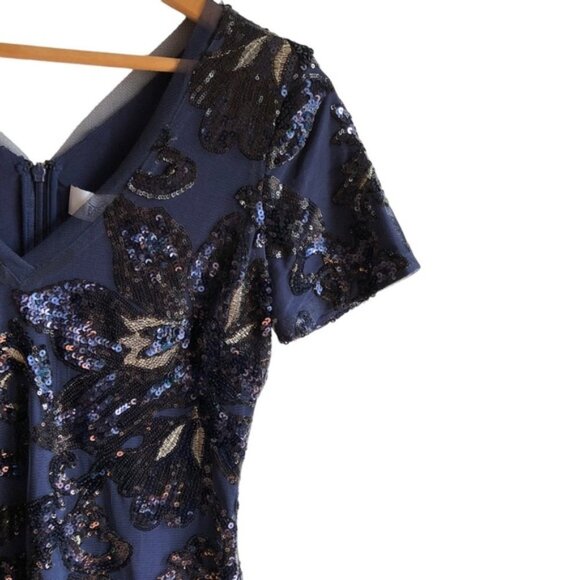 Badgley Mischka Sequin Dress Size 2 Blue Floral - Picture 6 of 15